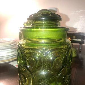 L E Smith Moon & Stars Green Glass Canister